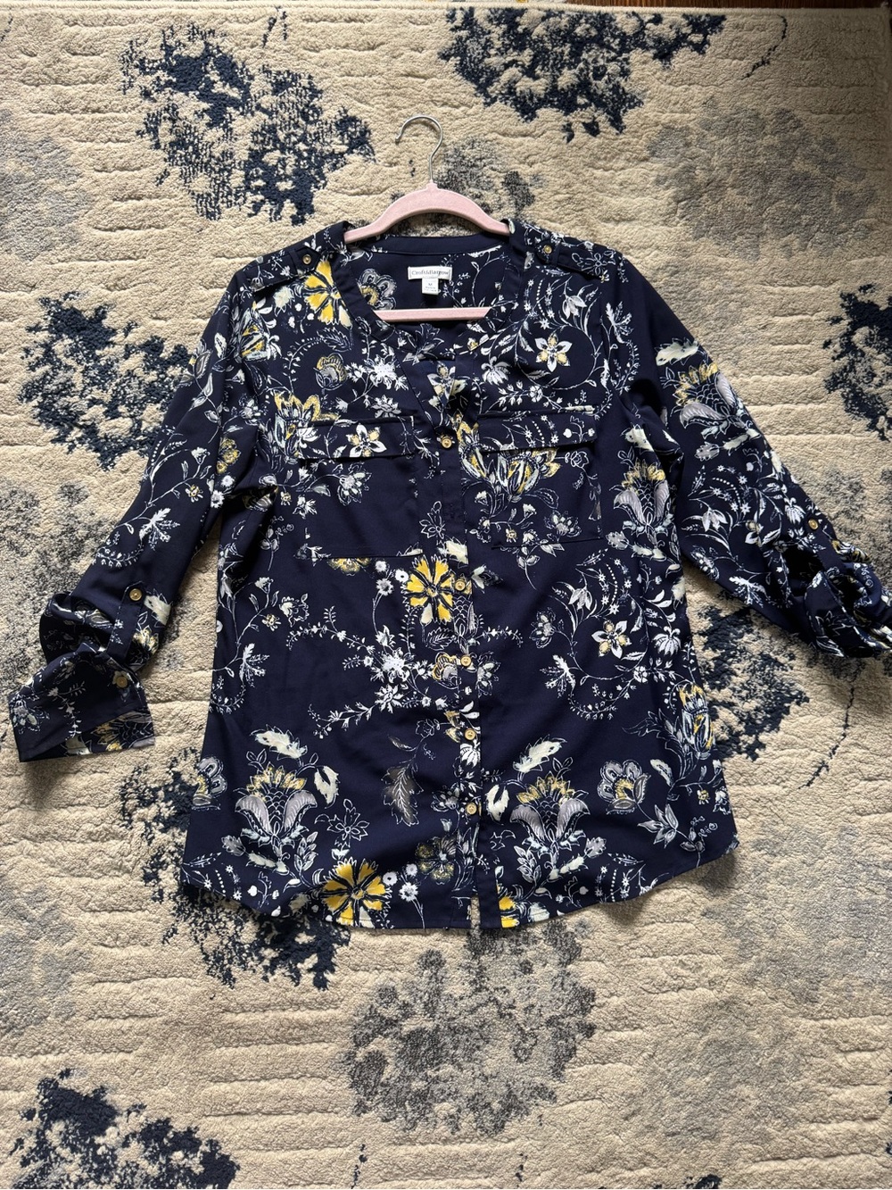 Croft & Barrow Navy Floral Blouse with White Print